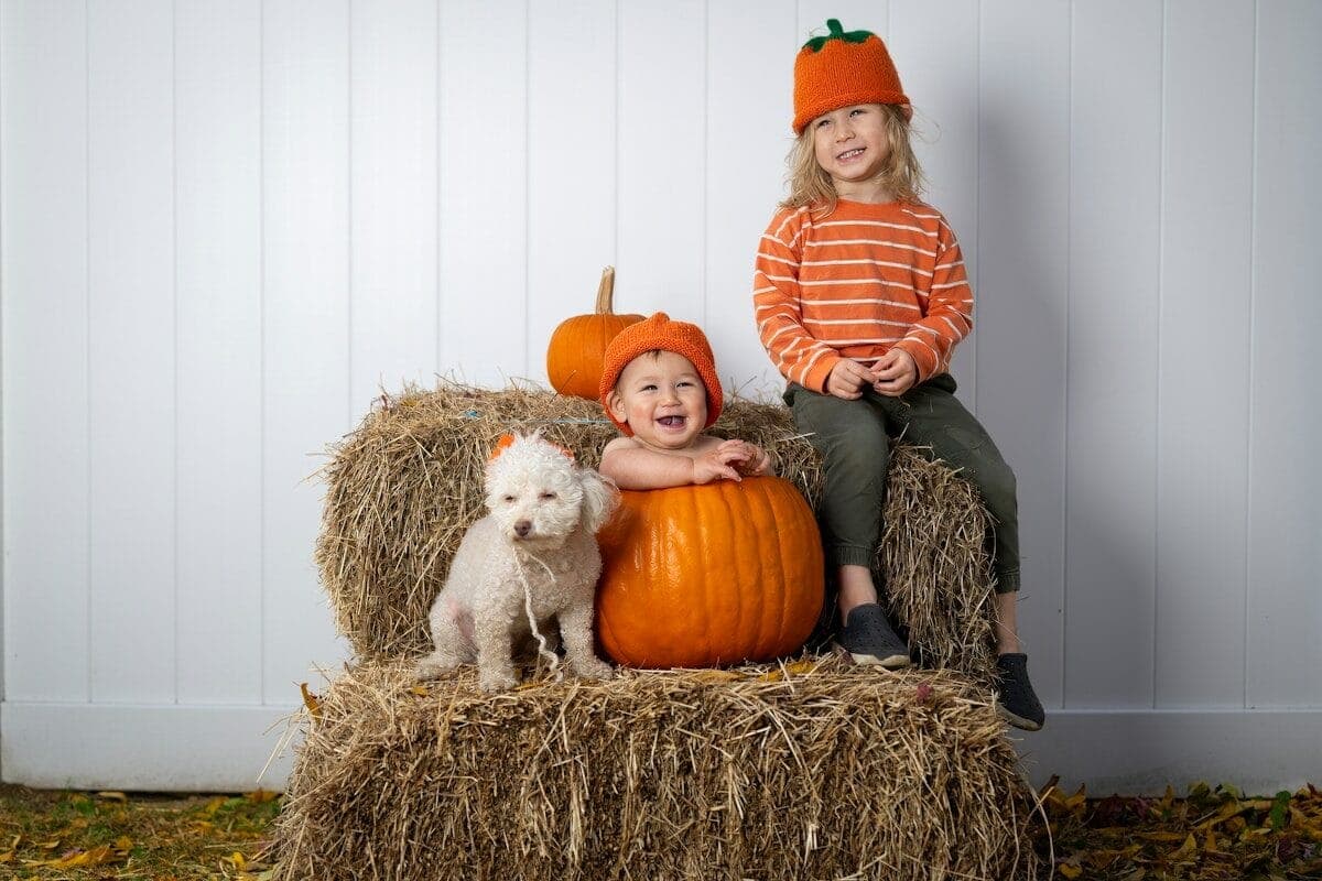 Two children sitting on a hay bale with pumpkins