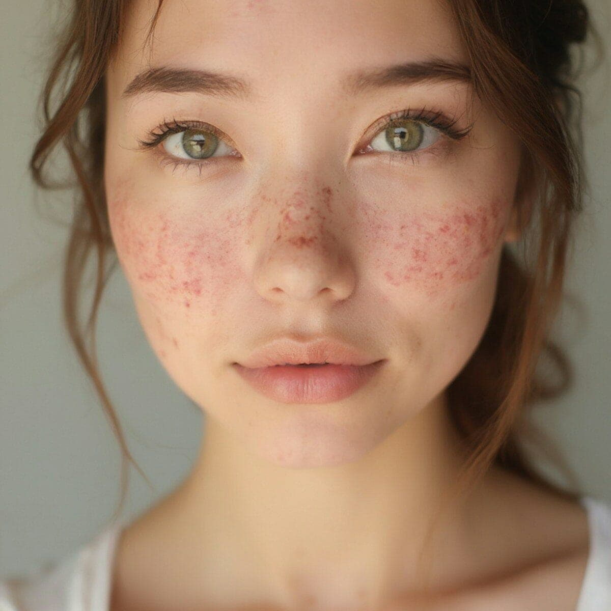 A young woman with freckles on her face