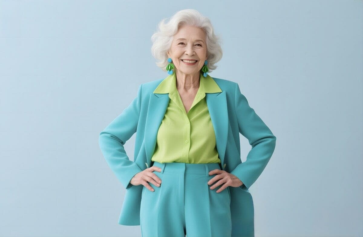 A stylish, smiling older woman poses.