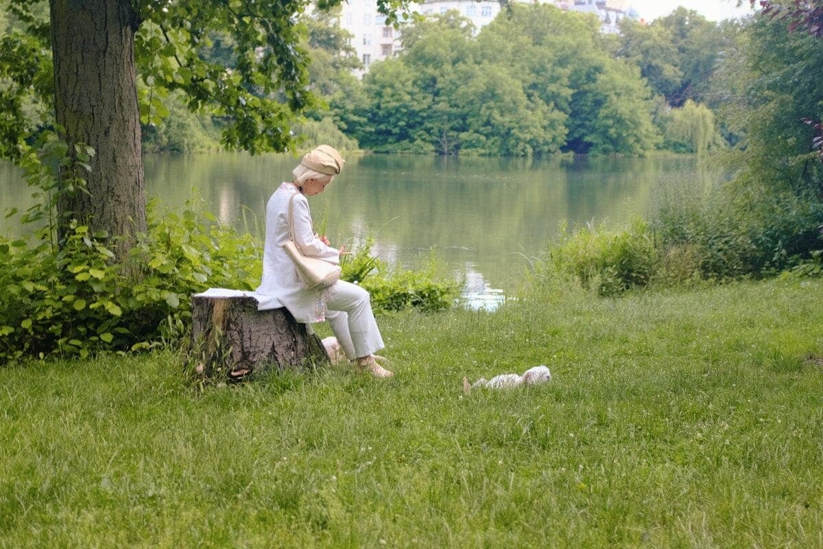A man sitting on a tree stump next to a lake